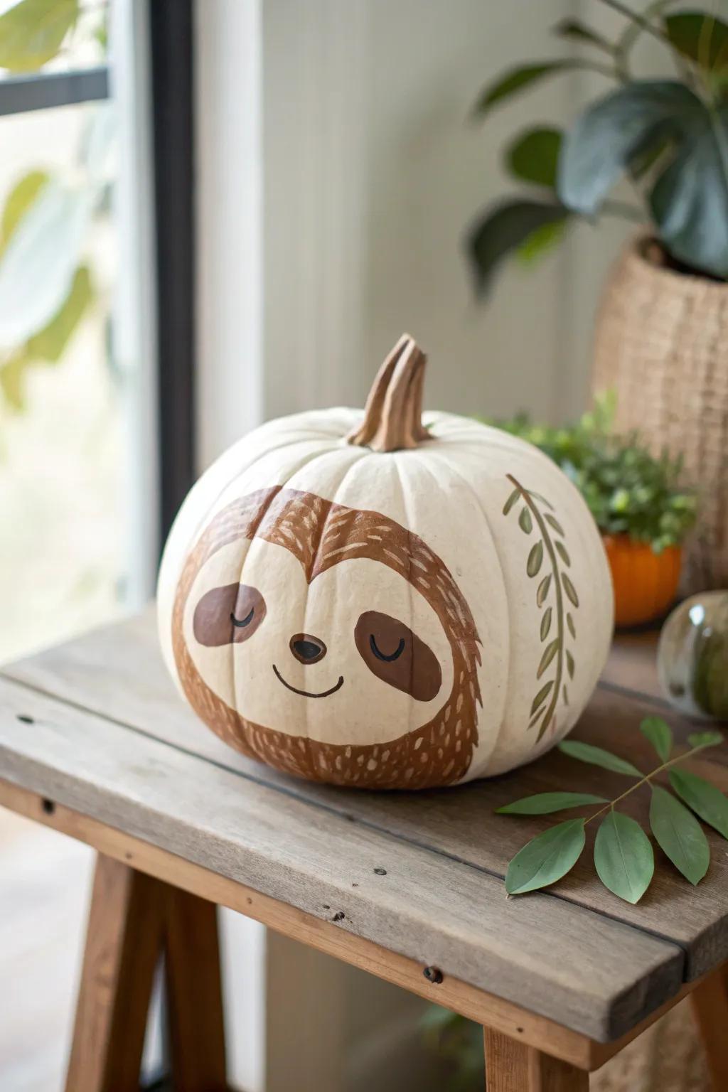 Introduce a whimsical flourish to your décor via this enchanting sloth-inspired gourd artwork!