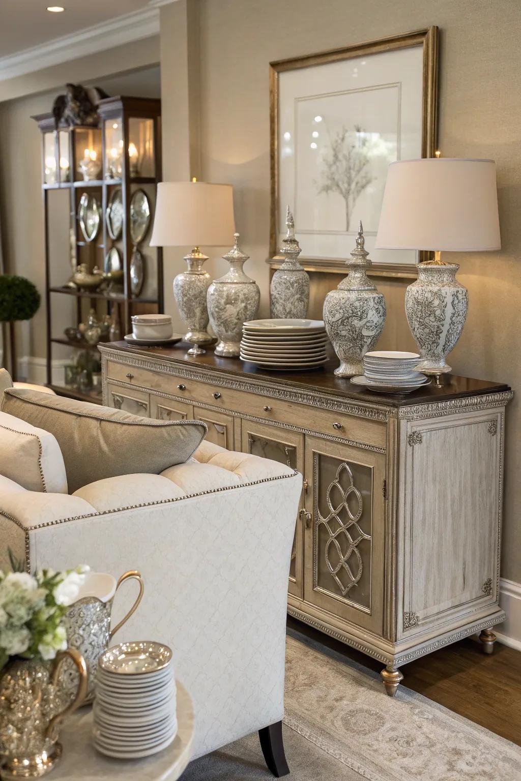 A refined sideboard is located behind the sofa, which serves both as a presentation and storage area.