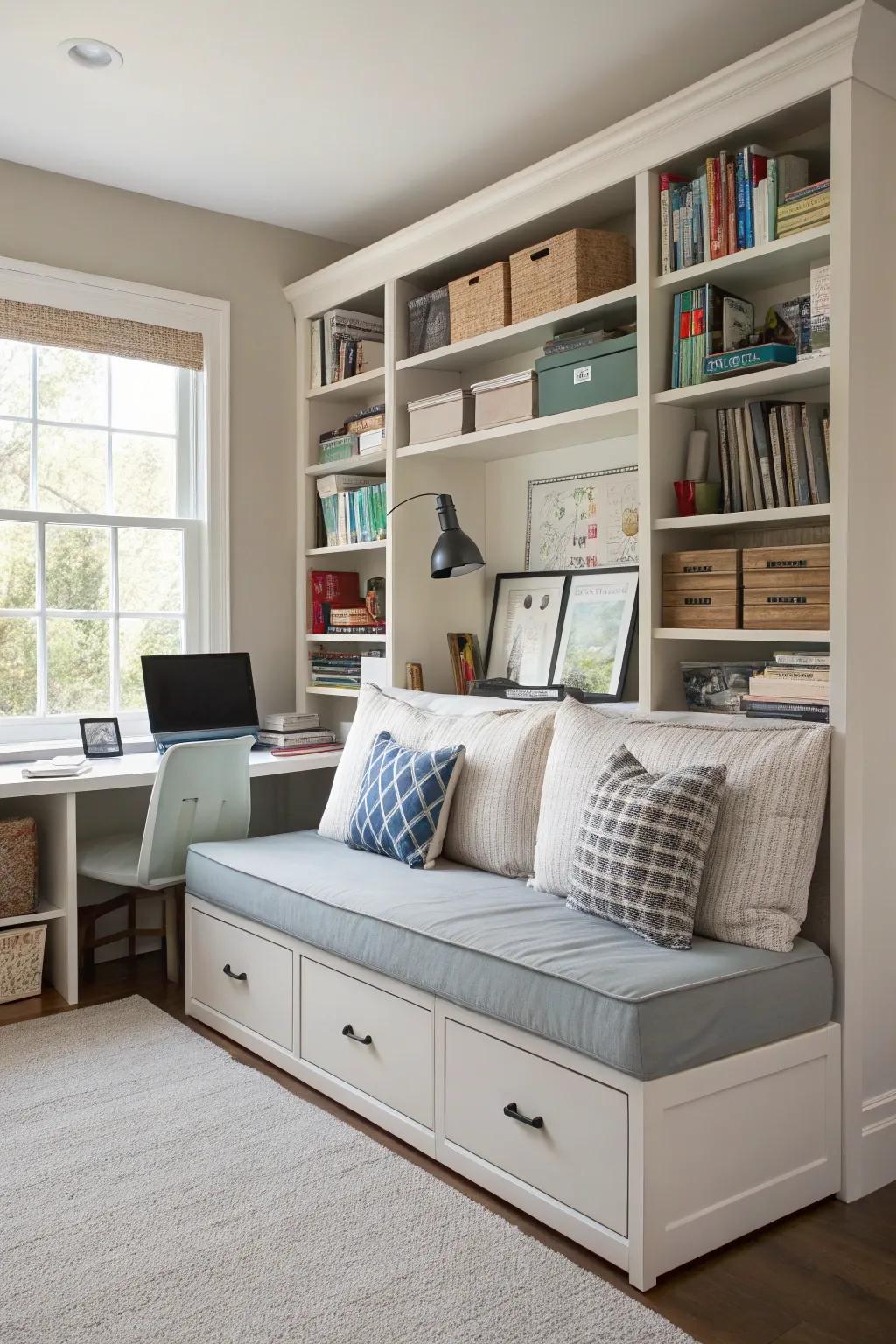 A daybed with storage maintains a clutter-free office.
