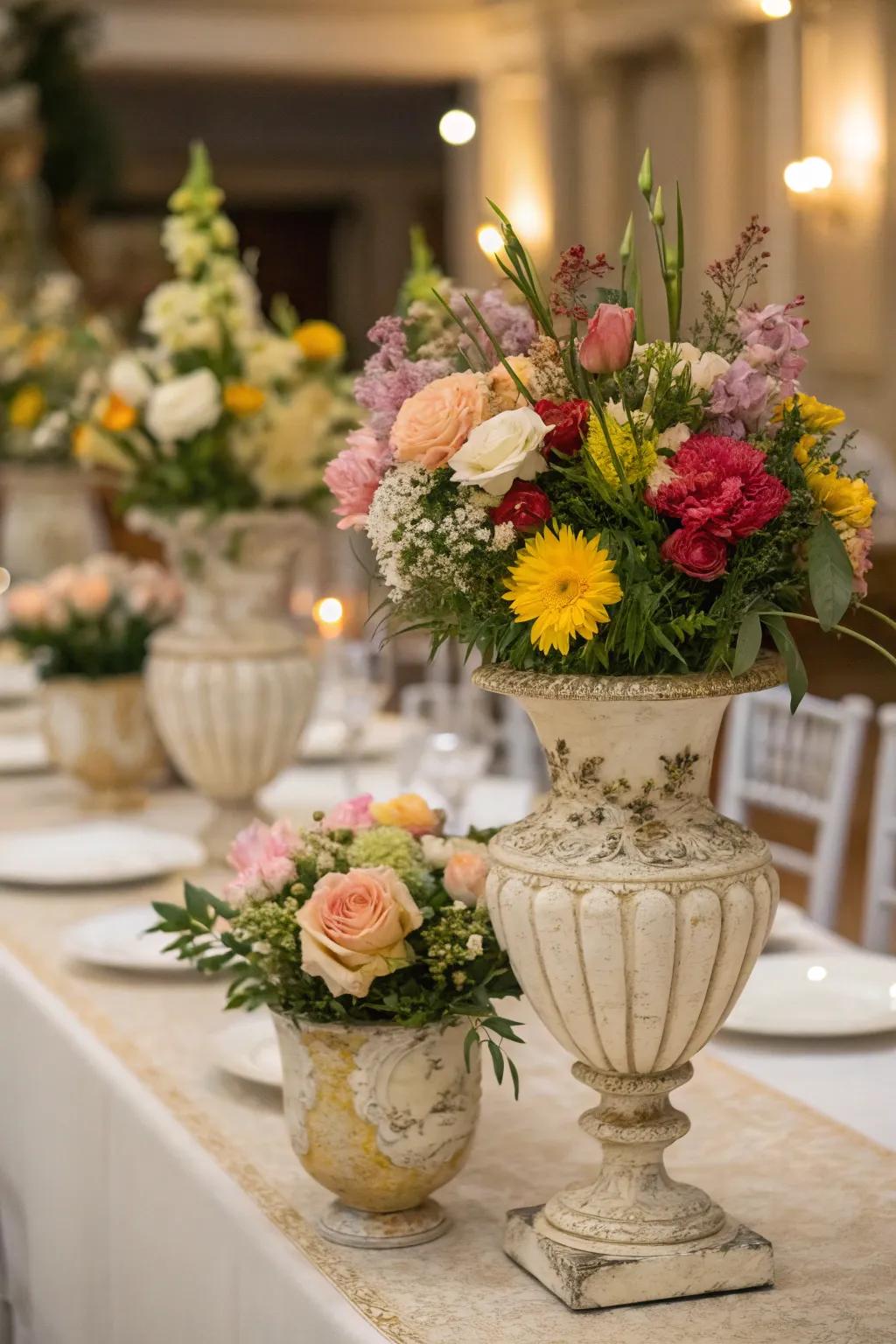 Vintage vases brimming with blossoms, bestowing a singular twist.