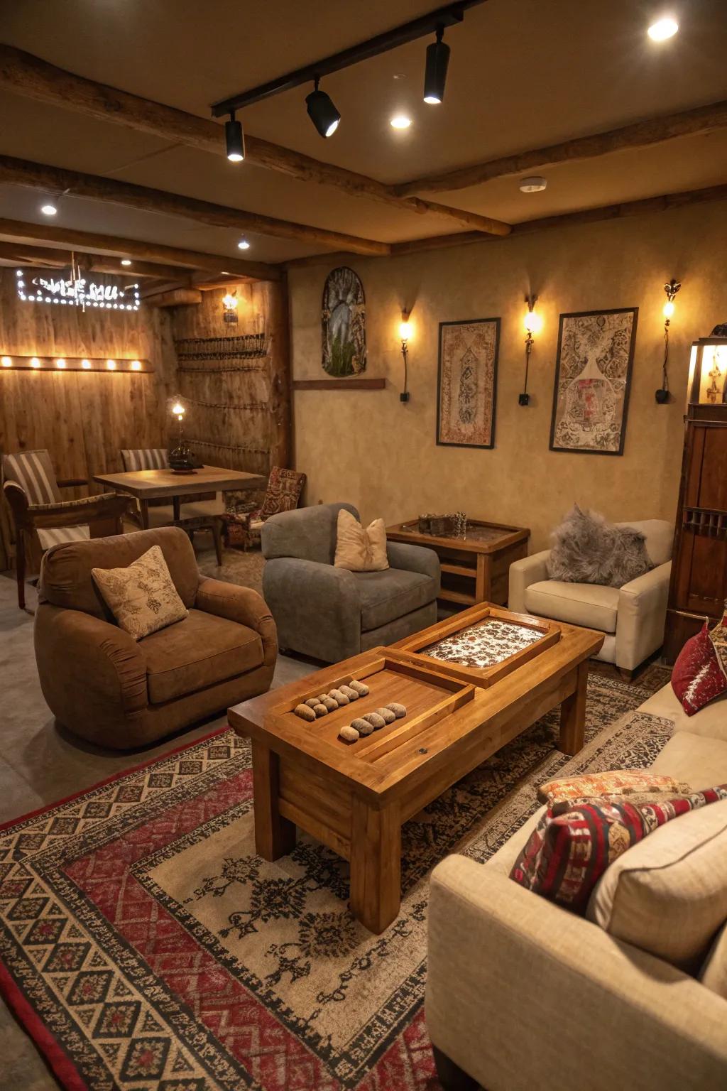 Natural tones foster a warm and inviting game room setting.