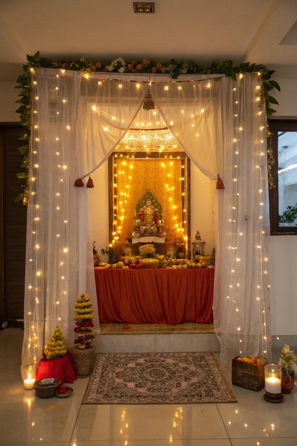 Fairy lights projecting an ethereal glow over the Ganpati altar.