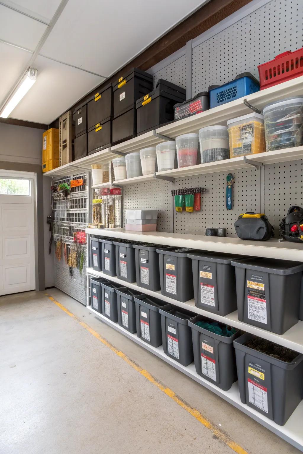 Inventive storage solutions ensure the garage remains well-organized and clutter-free.