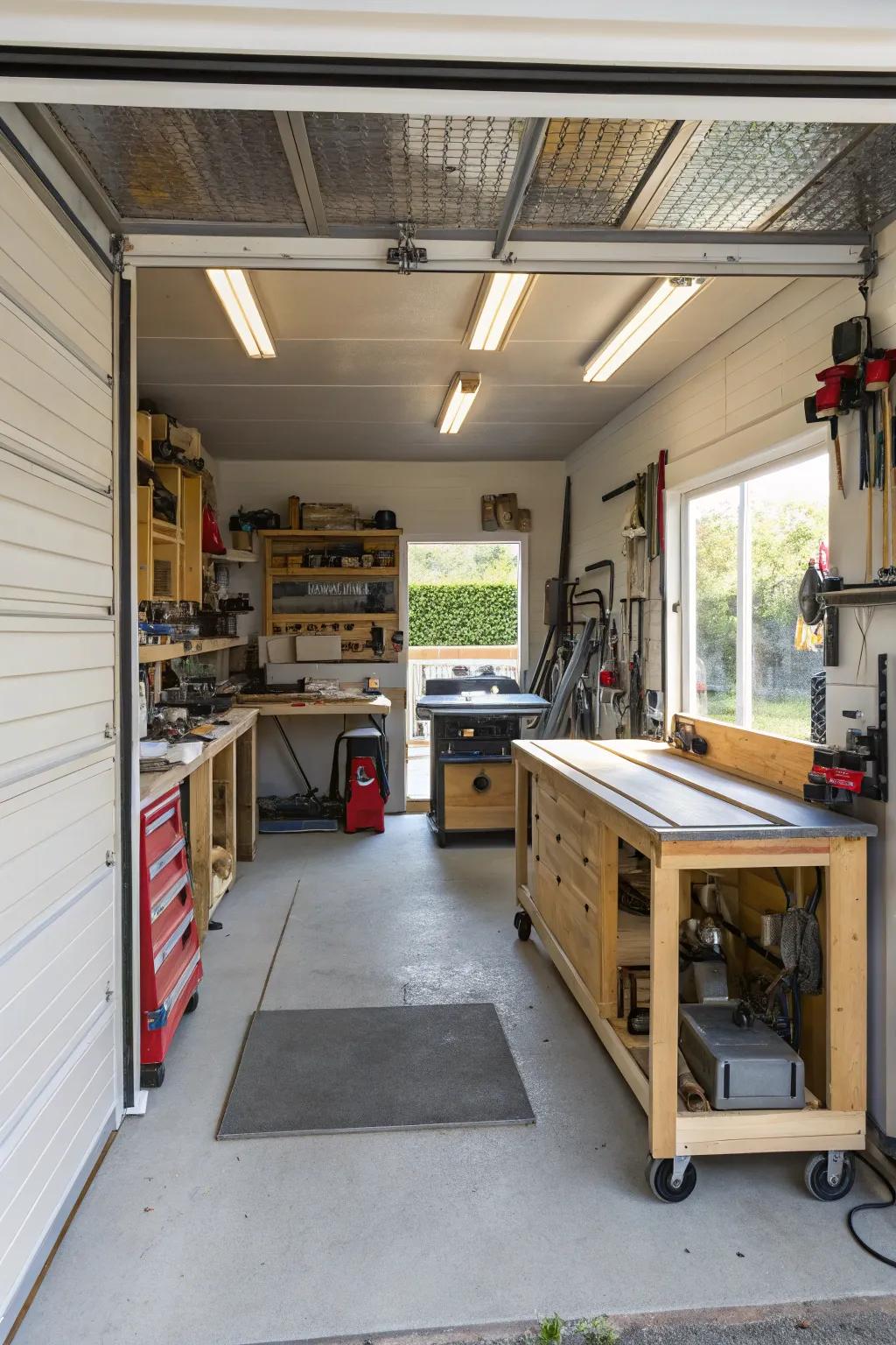 A small workshop within a bump-out, ideally suited for DIY enthusiasts.