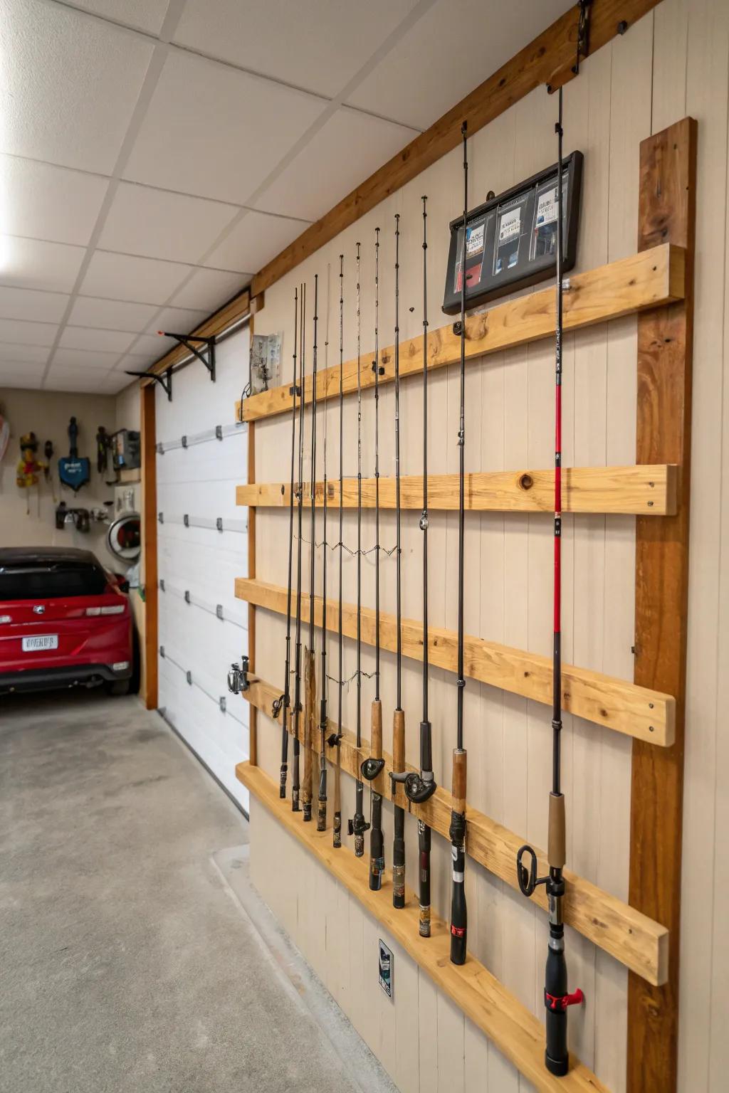 Wall pole brackets provide a stylish and efficient storage solution for fishing poles.