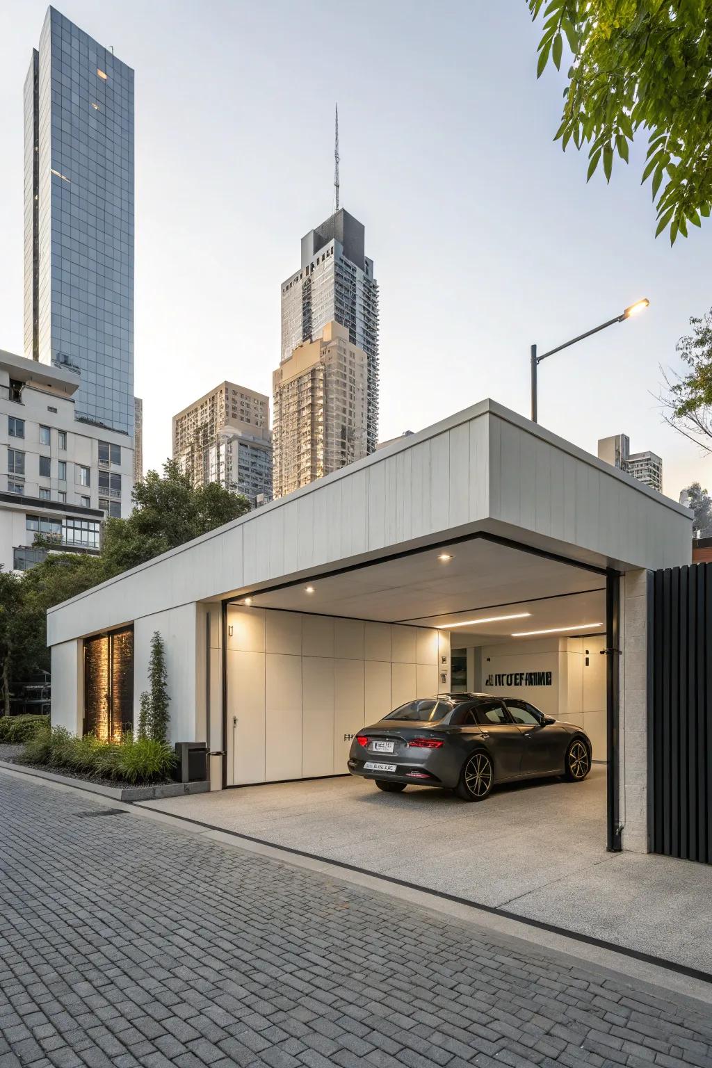 A modern garage showcasing minimalist trim for a sleek, uncluttered appearance.