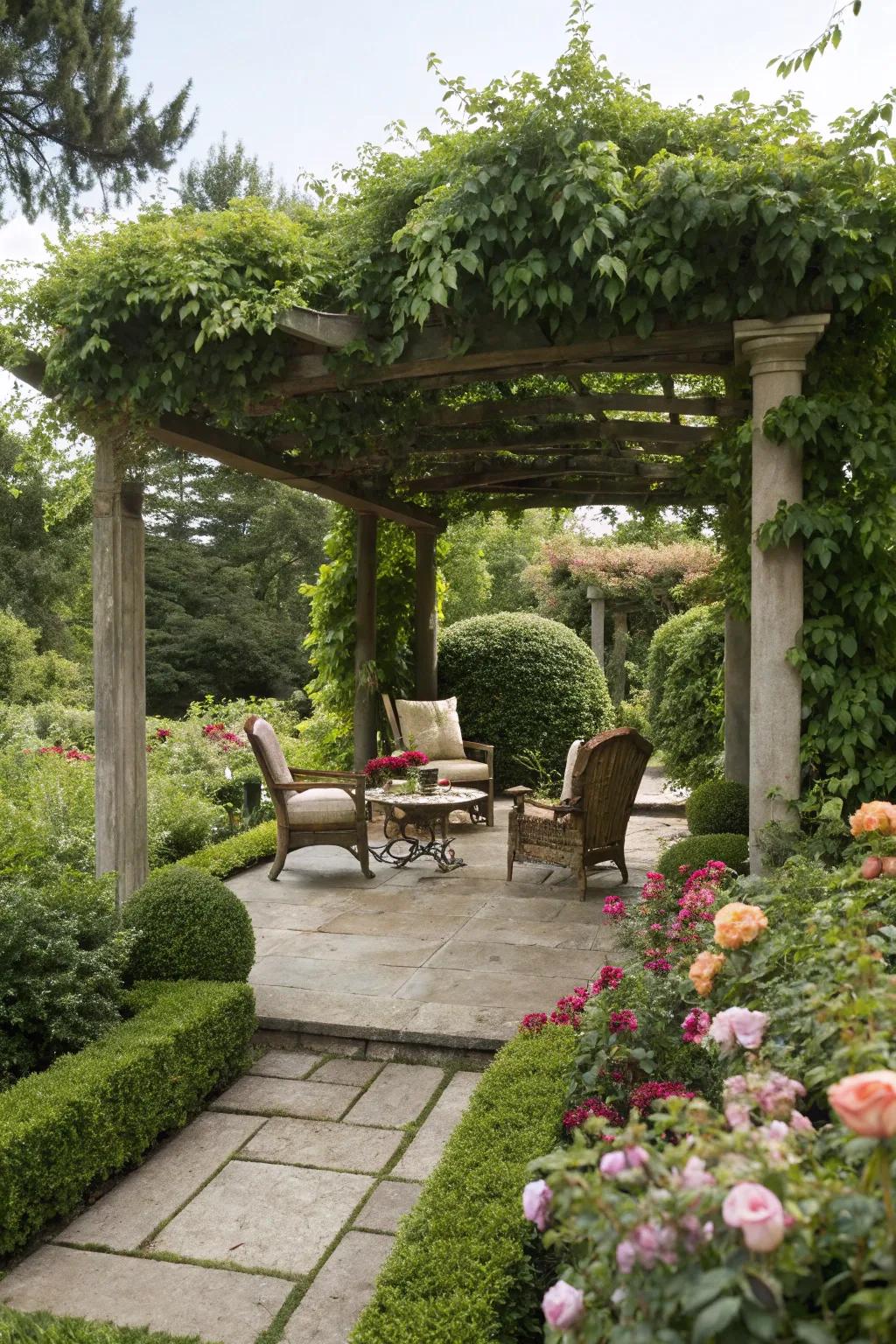 A patio cover draped in climbing plants, providing cover and elegance to a garden sitting spot.