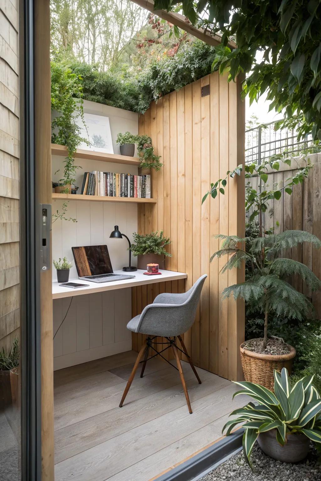 A small-scale corner garden office, demonstrating clever utilization of restricted space.