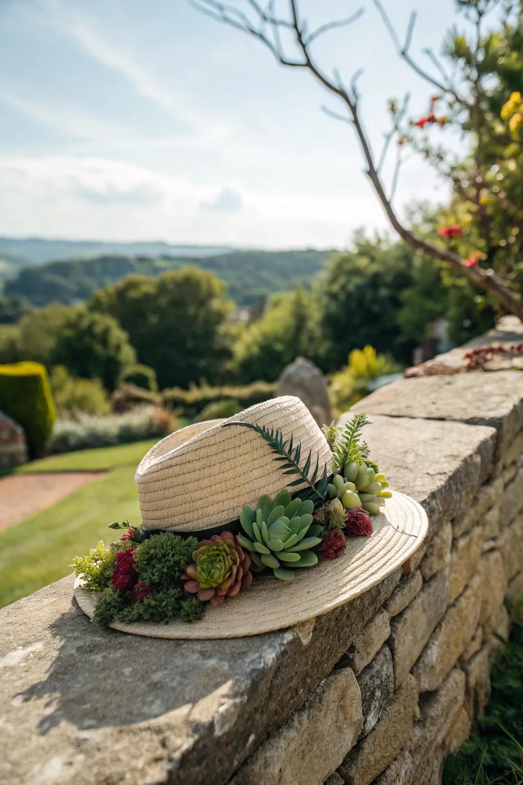 A succulent sophistication hat offering a modern flair.