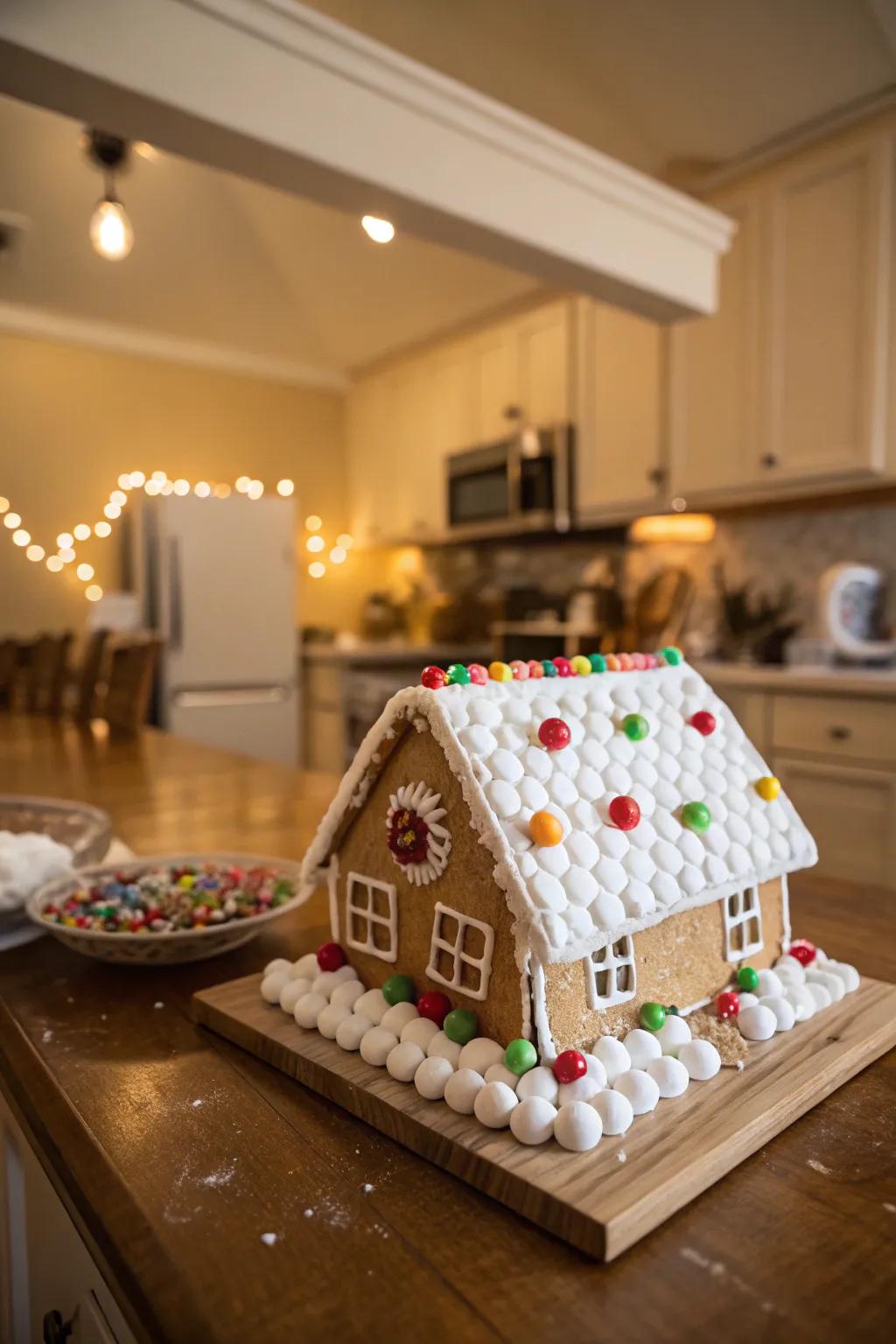 A snowy gingerbread roof blanketed in sweet puffs.