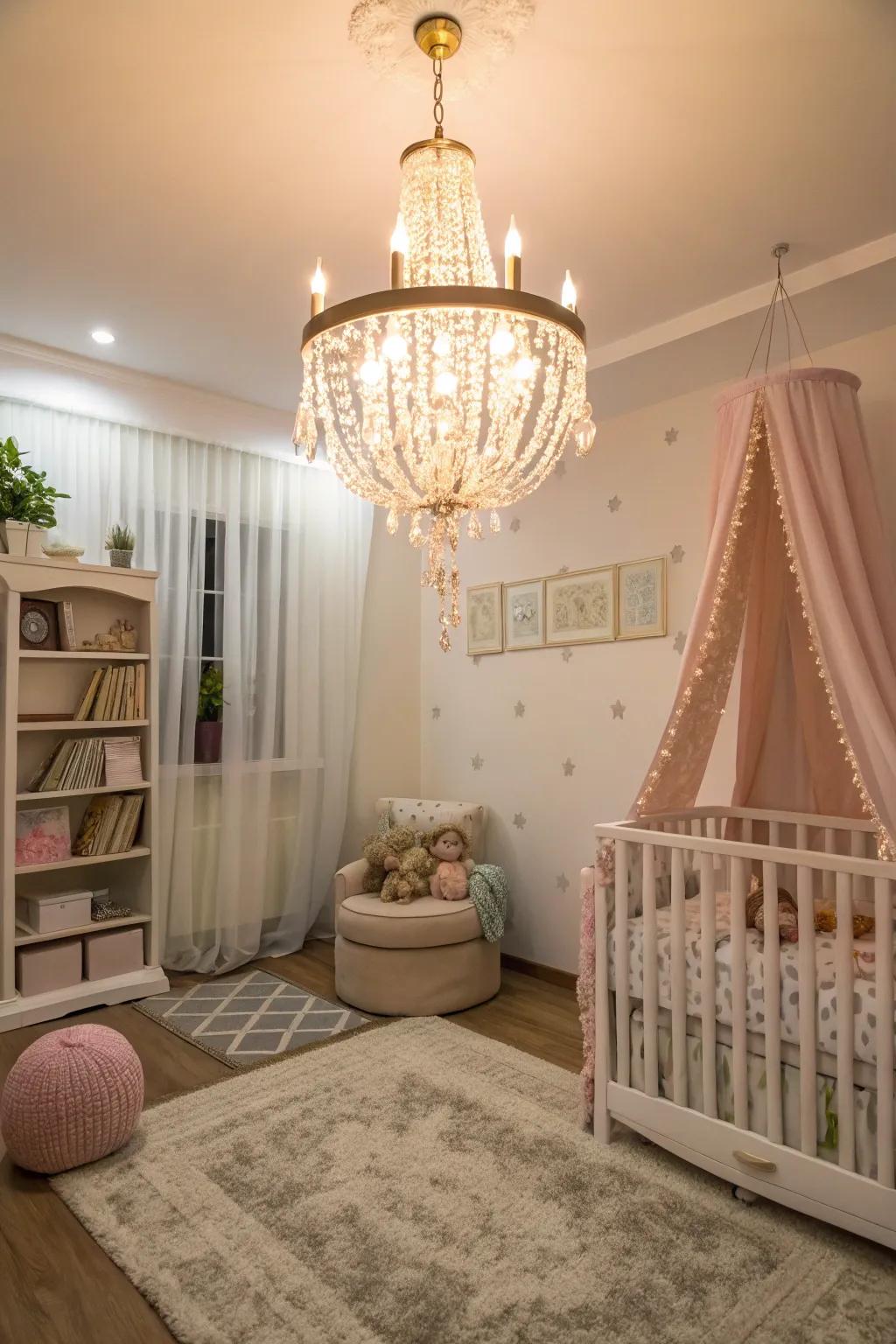 An overhead light introduces elegance and warmth to the nursery.