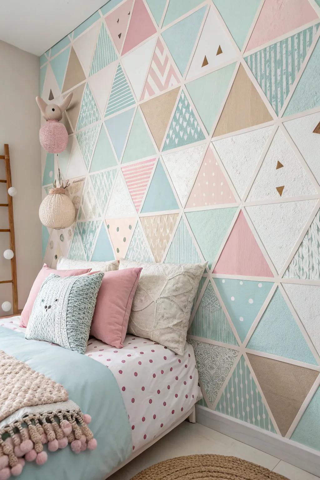 Textural geometric designs amplify dimension on the bedroom walls.