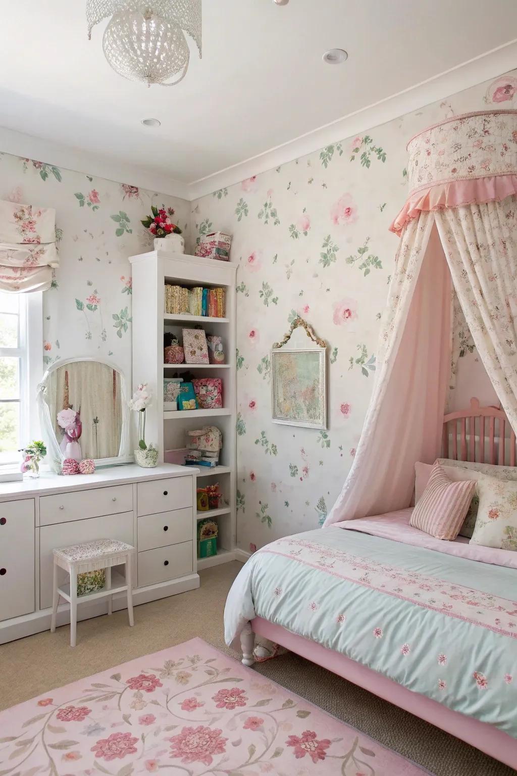 Botanical motifs enrich the room with a natural, fanciful touch.