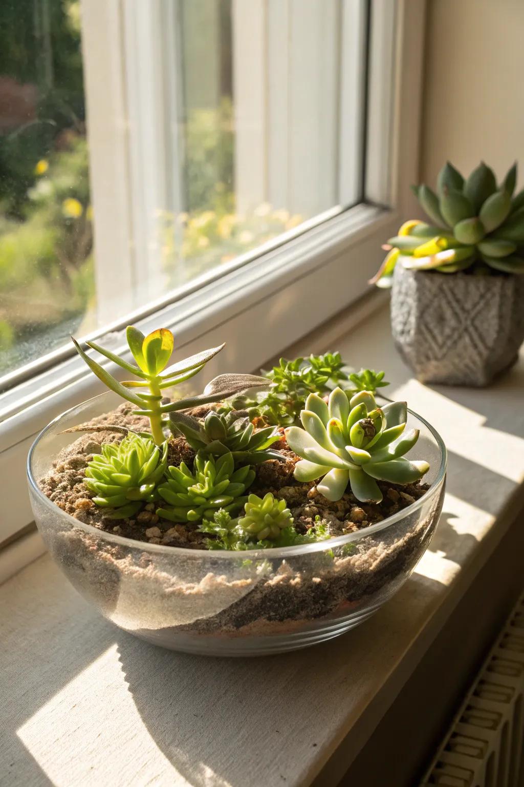 Miniature succulents nestled in a glass bowl introduce a touch of greenery.