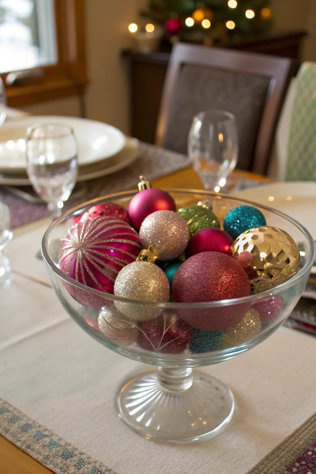A vibrant arrangement of Christmas spheres nestled within a crystal vessel.
