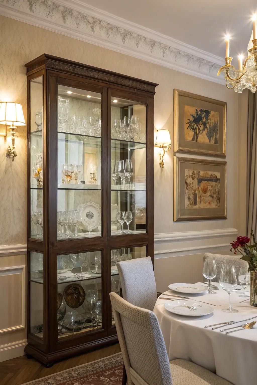 A sophisticated glass-front cabinet displaying beautiful glassware.