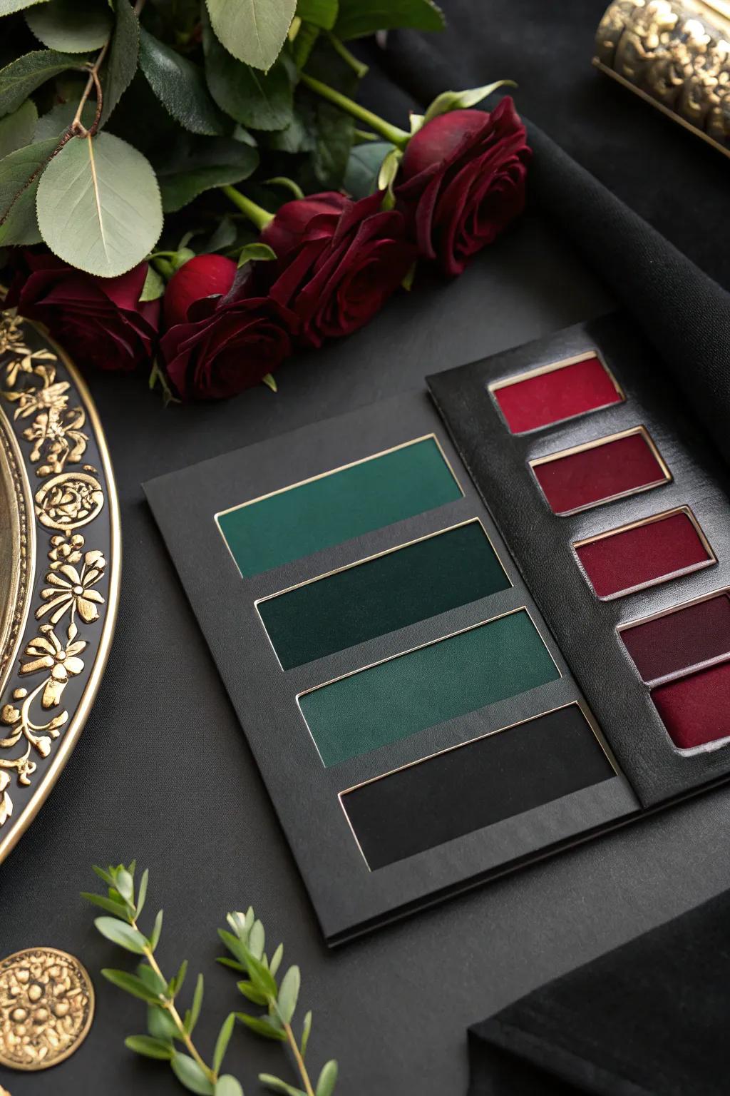 A Gothic wedding color scheme presenting black, emerald, and burgundy undertones.