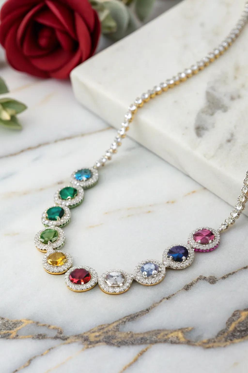A vivid pendant decorated with birthstones, symbolizing each grandchild.