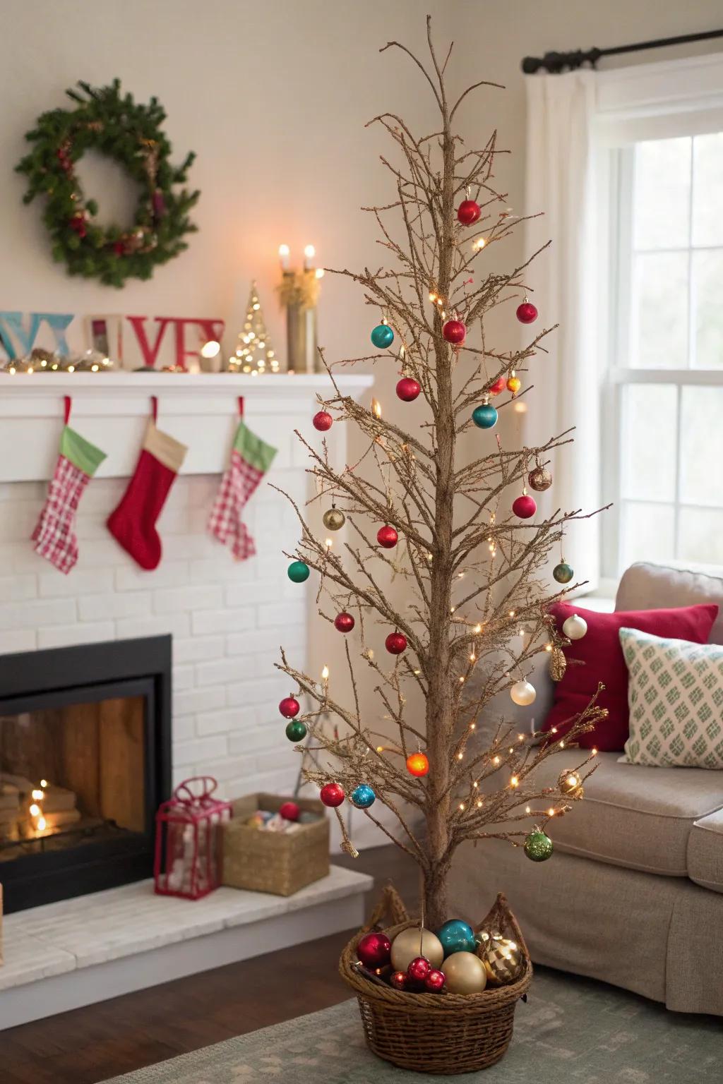 A grapevine tree embellished with festive ornaments, ideally suited for celebratory holiday festivities.