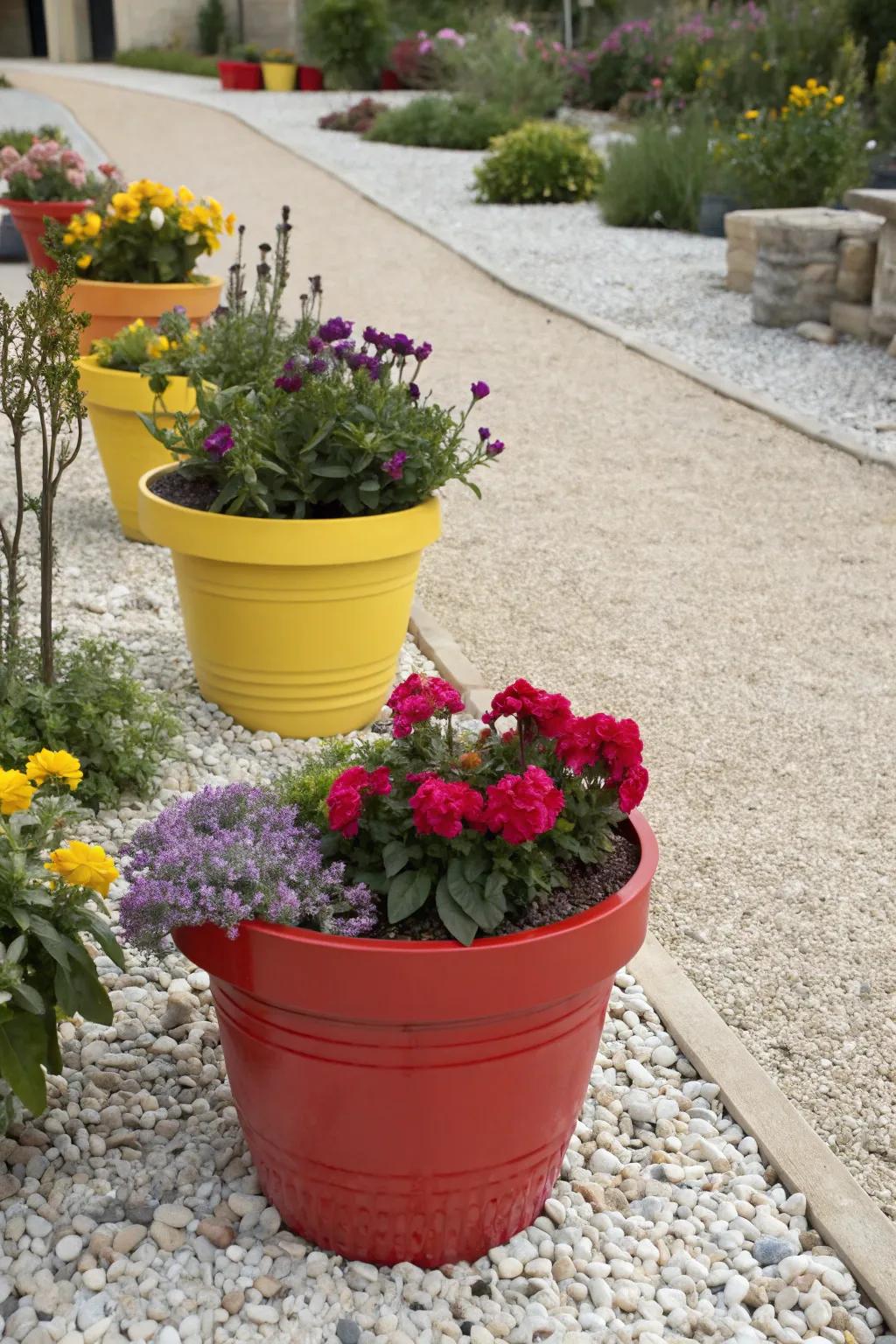 The vivid pots stand out against the gravel's muted backdrop, breathing life into the scene.