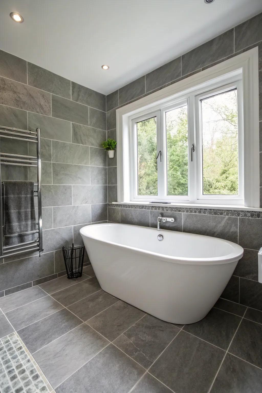 A detached soaking tub epitomizes pure extravagance within an ash and ivory lavatory.