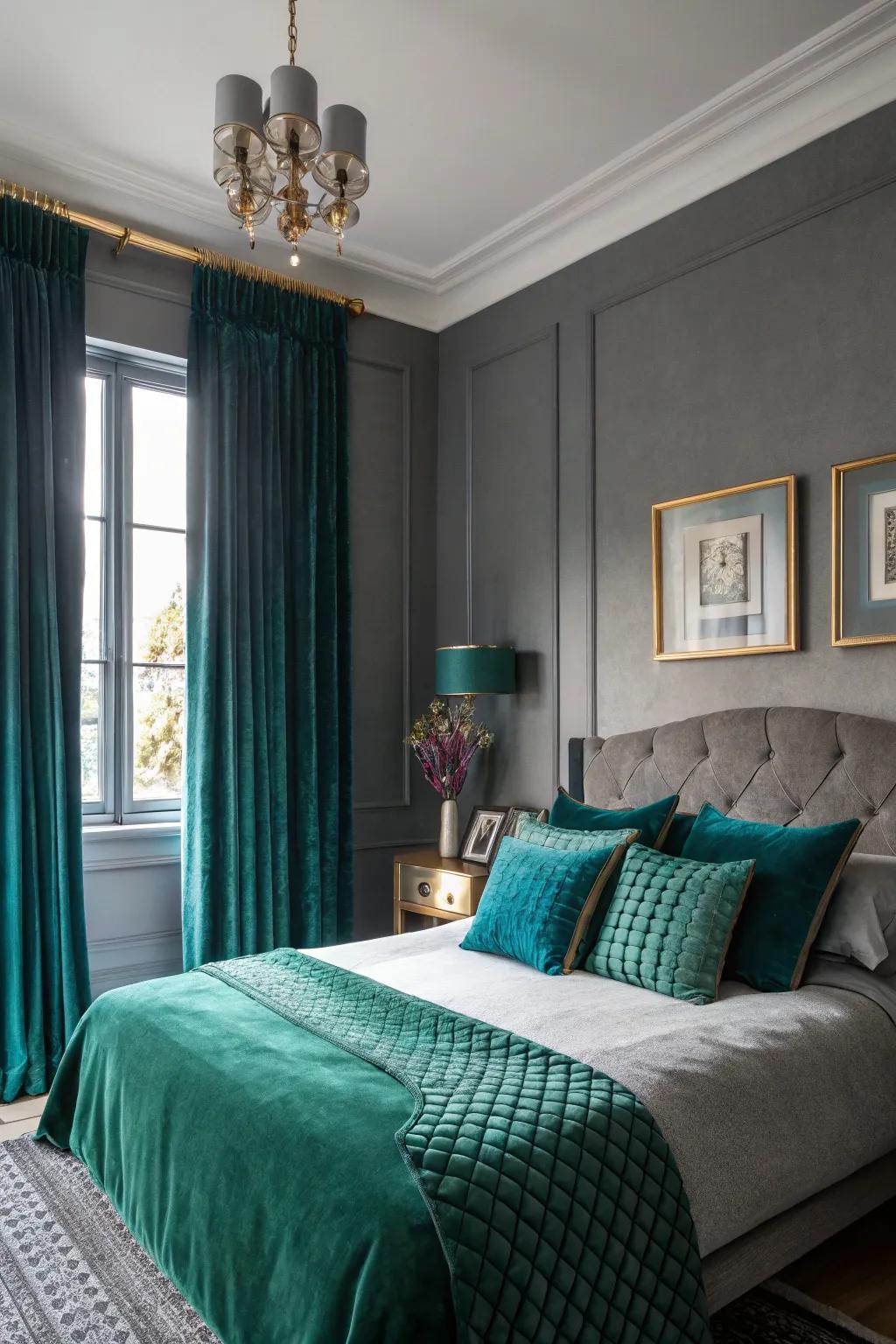 An elegantly moody gray bedroom with deluxe gem tones.