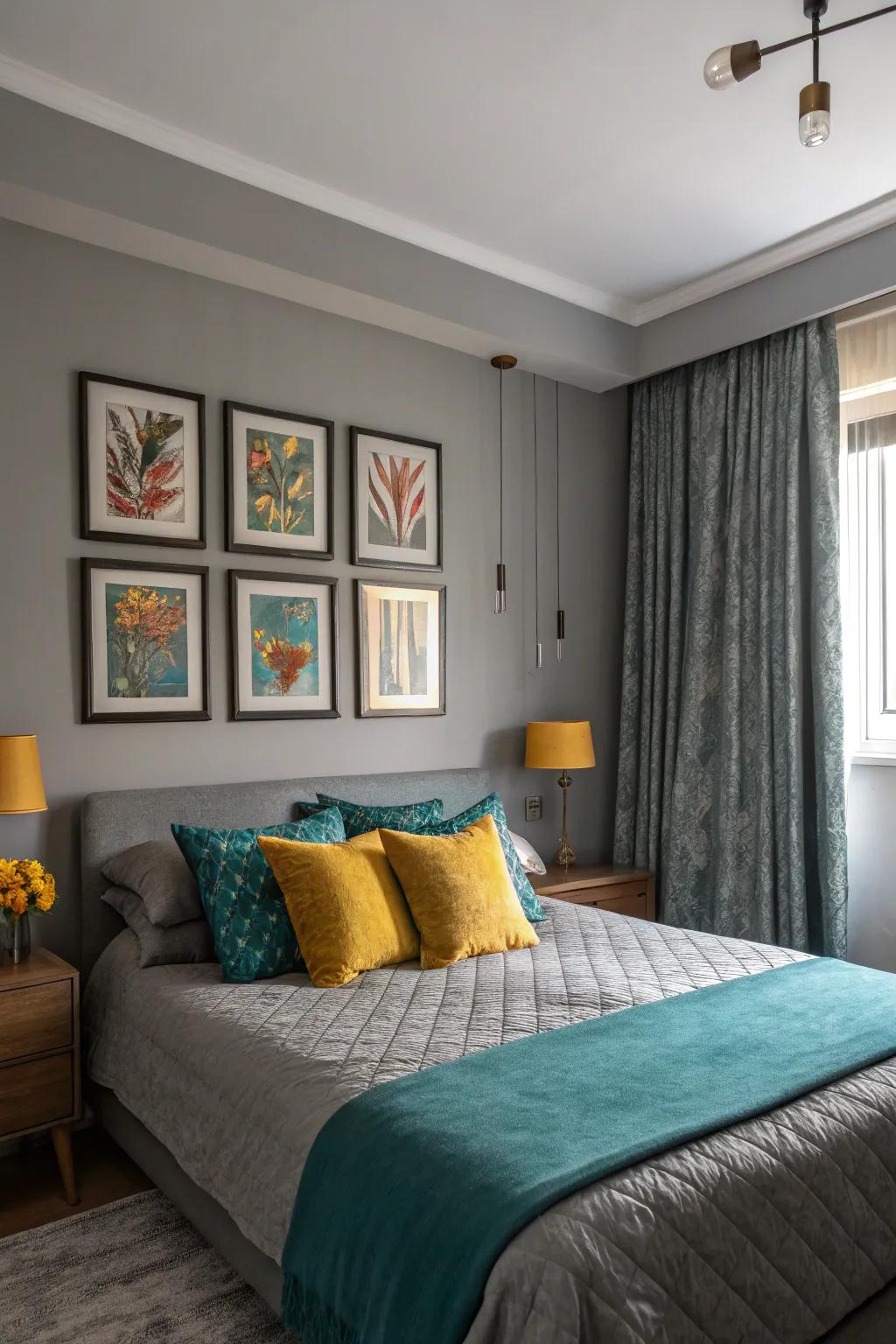 Vibrant touches liven up a serene gray personal space.