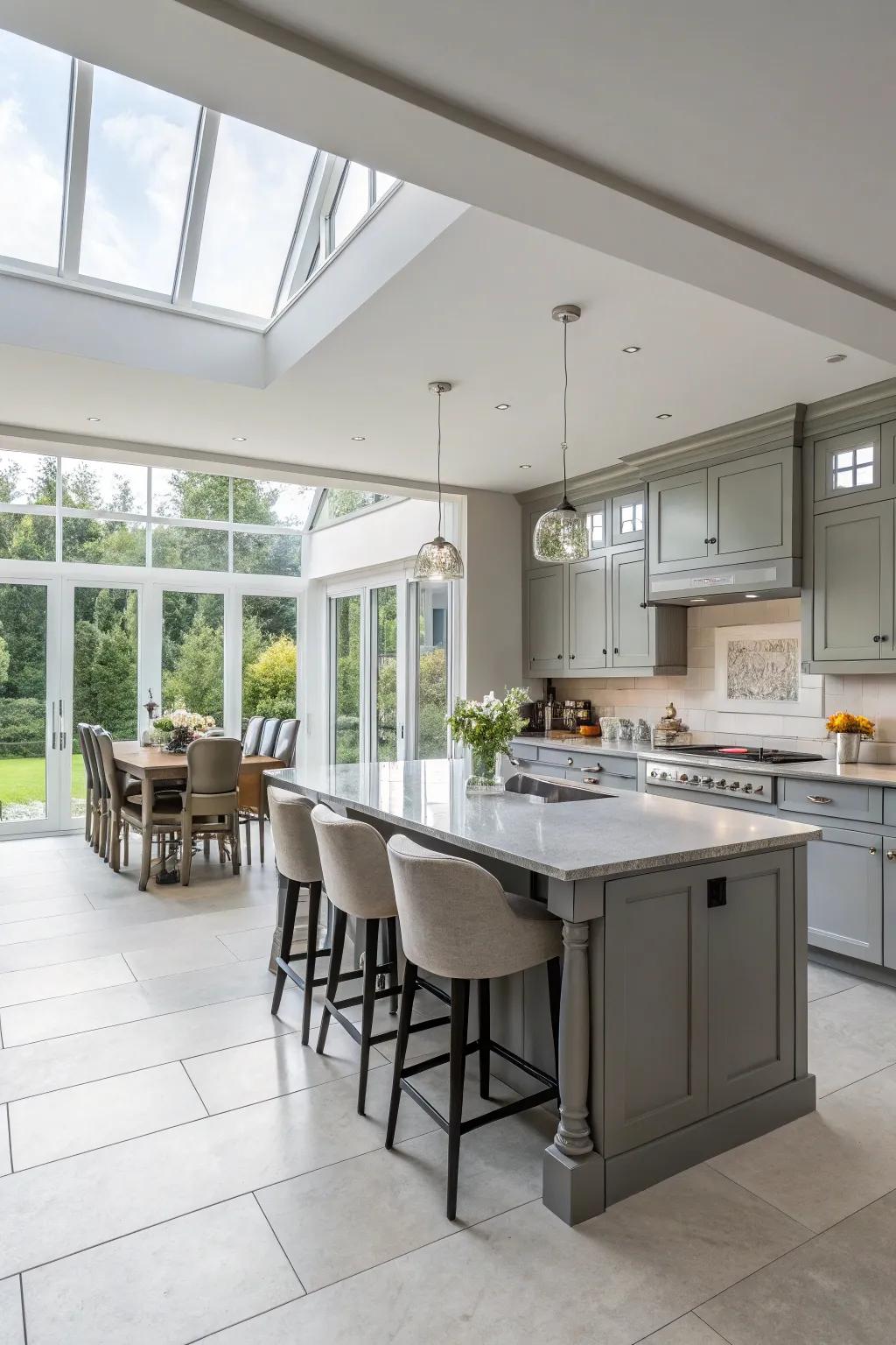 An open-concept kitchen where gray cabinets create a sense of unity.