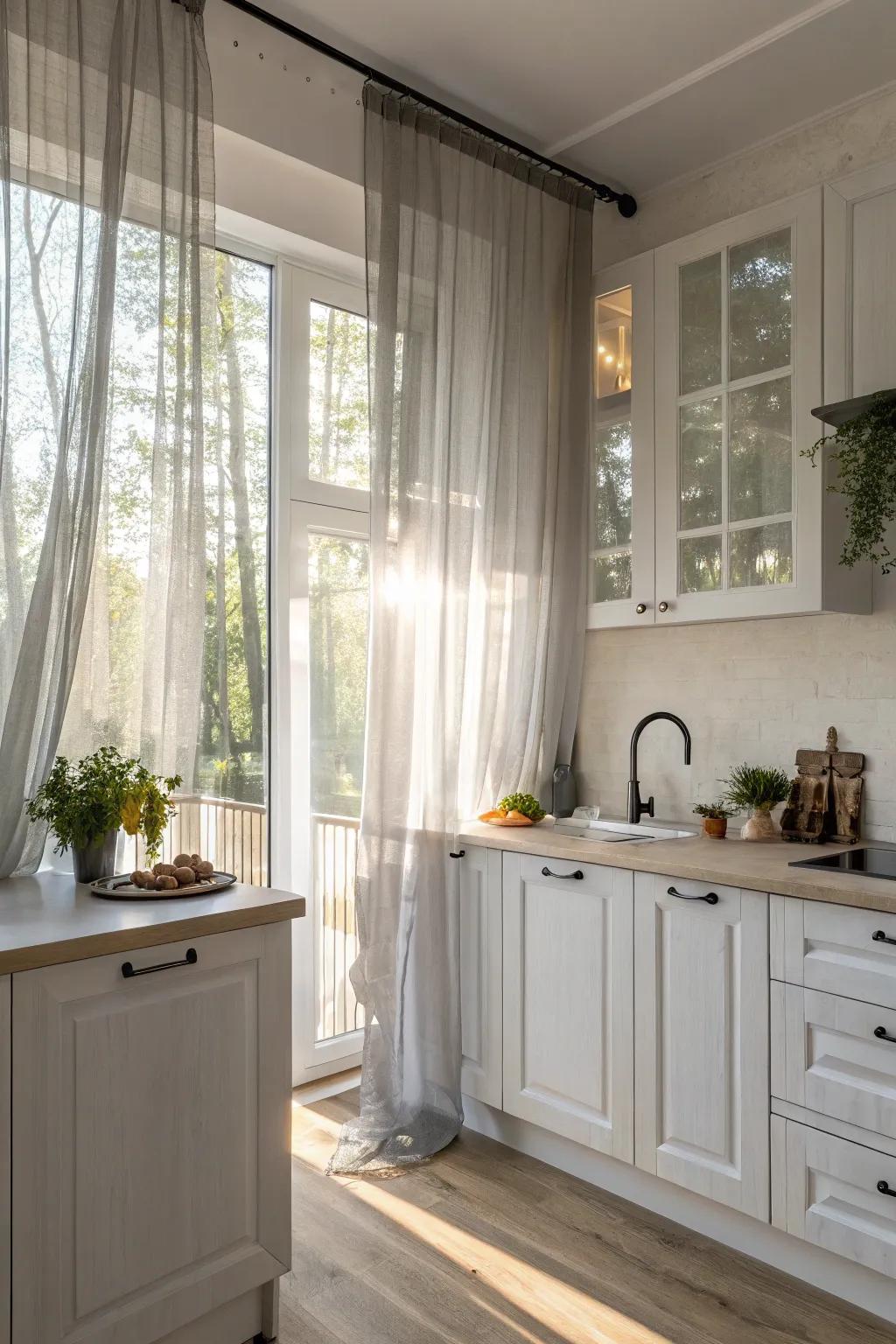Pure gray drapes furnish seclusion while upholding radiance.