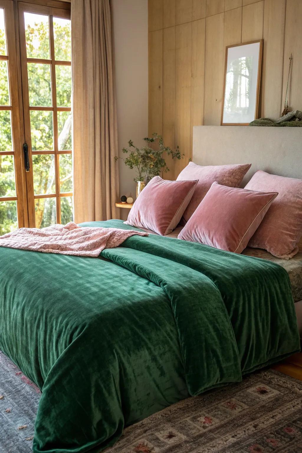 Velvet textiles in verdant and roseate hues radiate both lavishness and ease.
