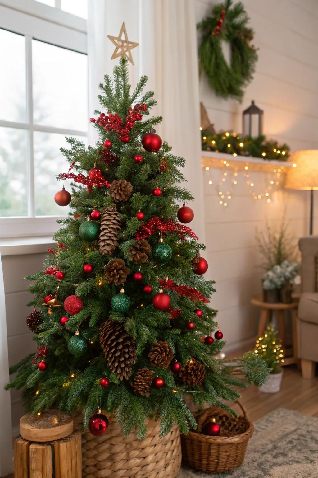 A Christmas tree featuring organic elements that enhance the verdant and crimson theme.