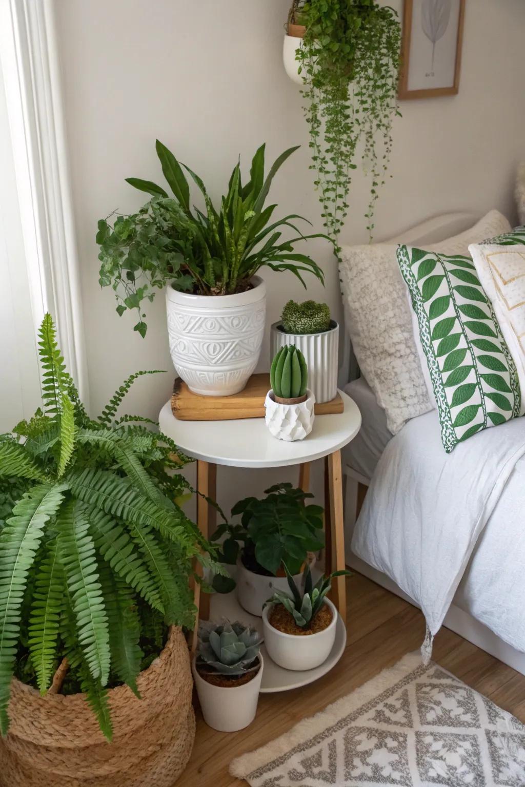 Potted greenery enhances the natural theme and introduces a vibrant touch.
