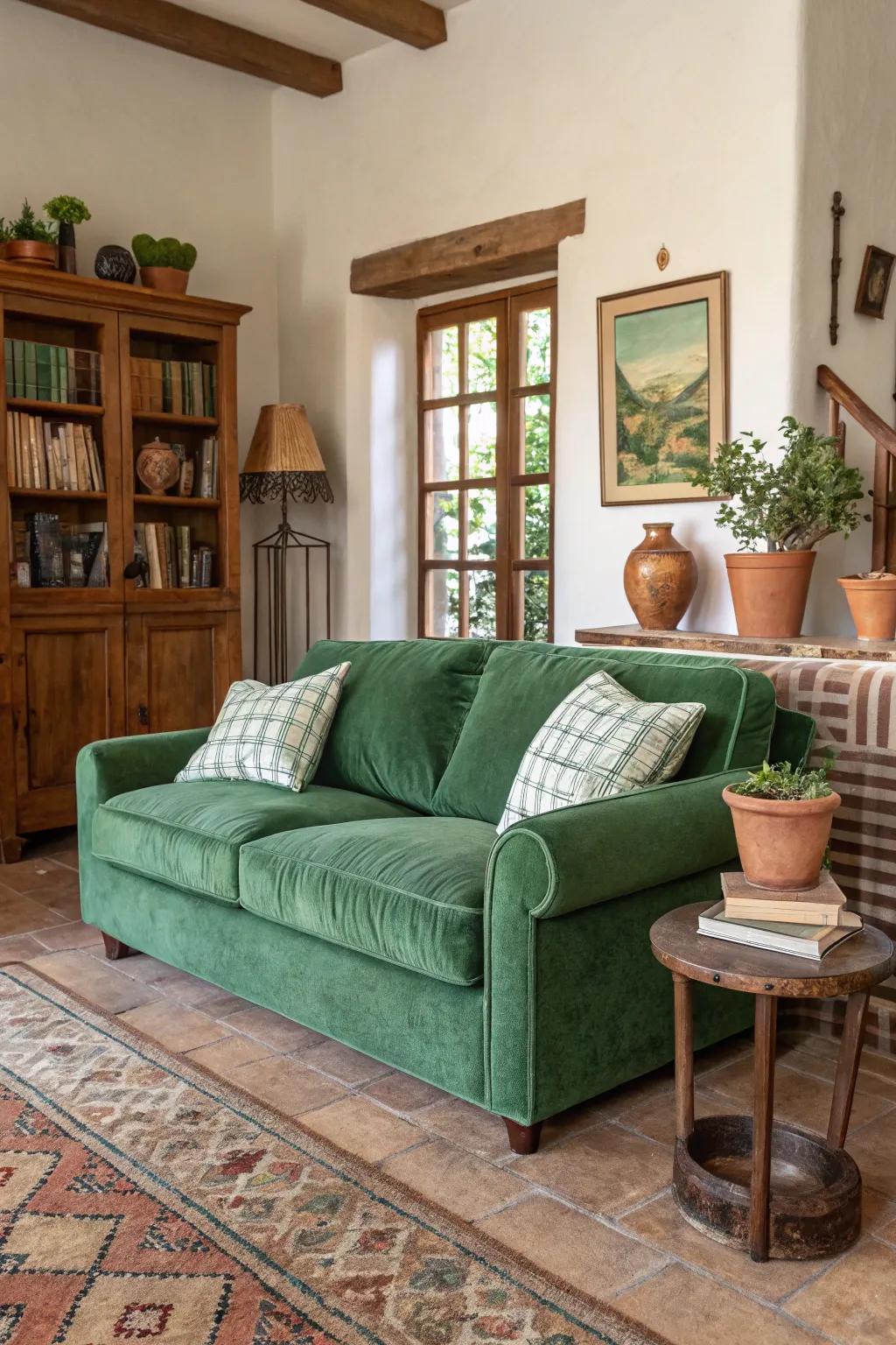 A harmonious lounge showcasing a green velvet couch paired with natural hues.