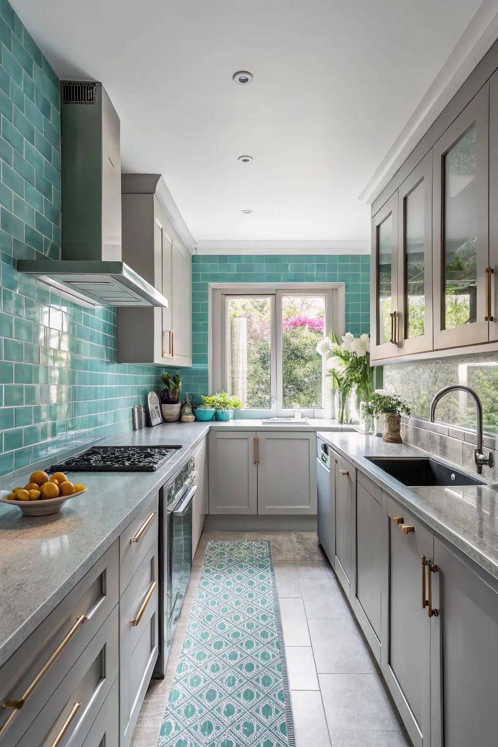 Aqua tilework introduces both color and dimension to a grey kitchen design.