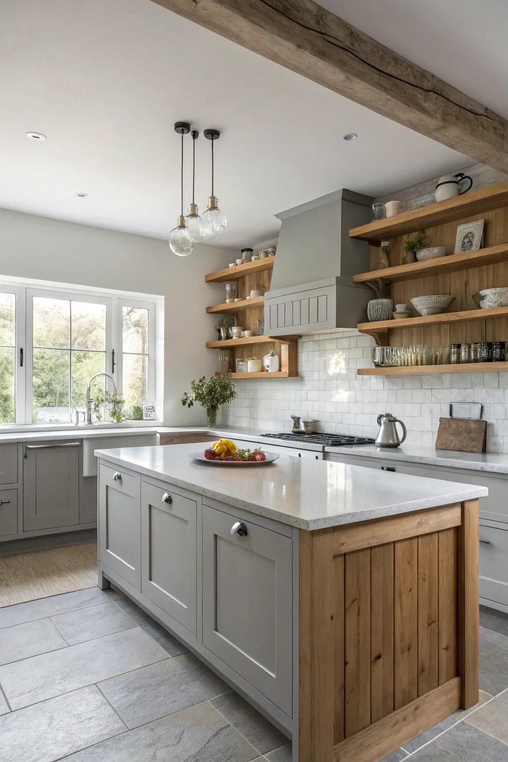 Wood accents contributing warmth to the grey and white kitchen setting