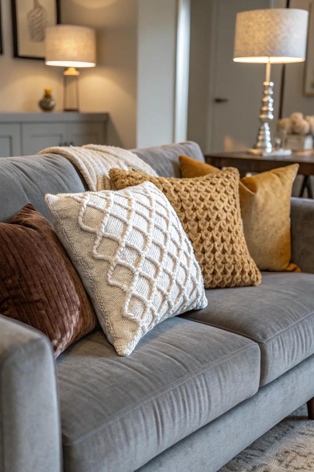 An assortment of textures imparts depth and intrigue to your sofa arrangement.