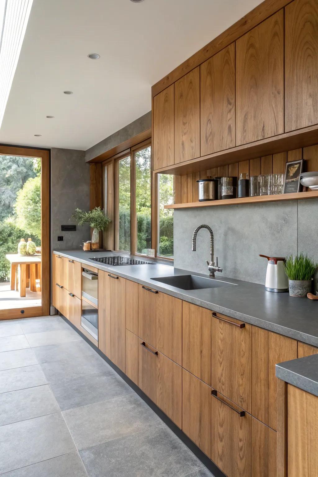 A kitchen featuring structured grey surfaces complemented by warm embellishments.