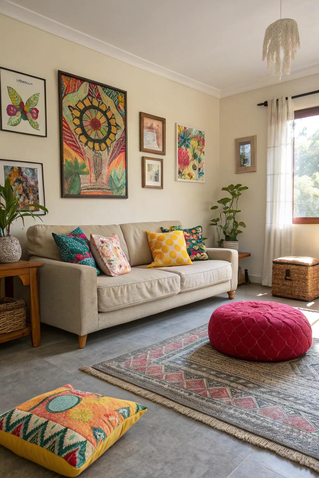Color pops breathe life into grey flooring.