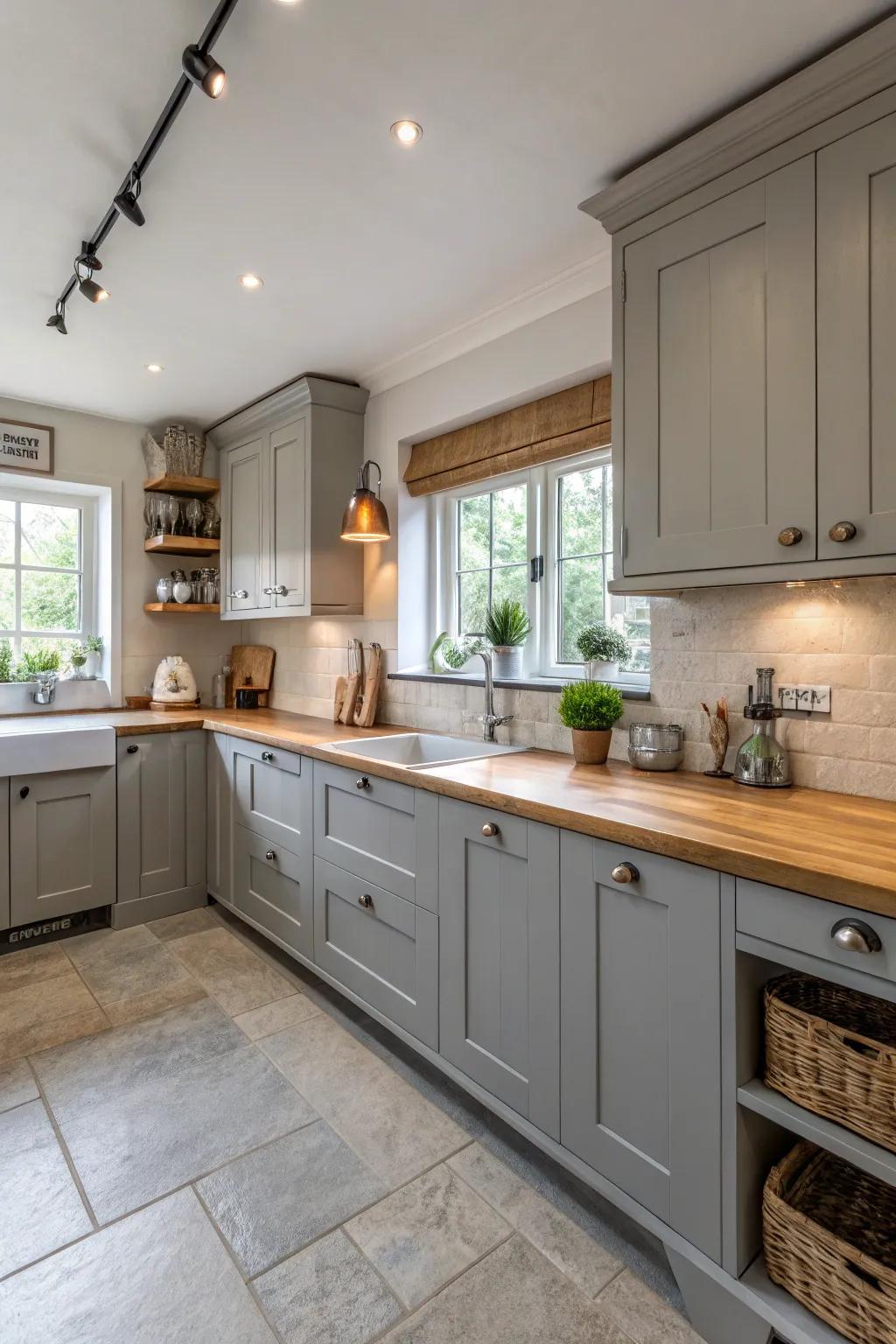 Timber components bring warmth and texture to a grey kitchen.