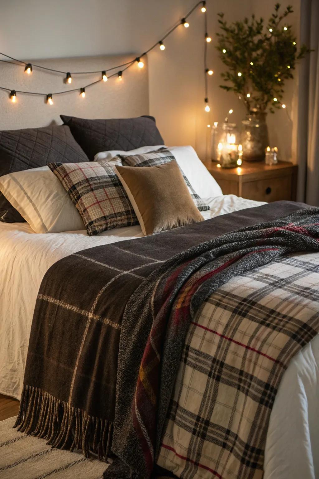 Shadowy and checkered textiles fashion an intimate and refined refuge.