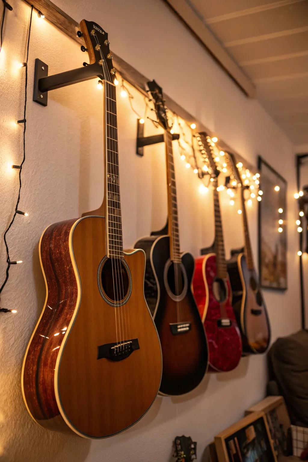 Guitars glowing with LED lights, creating a welcoming vibe.