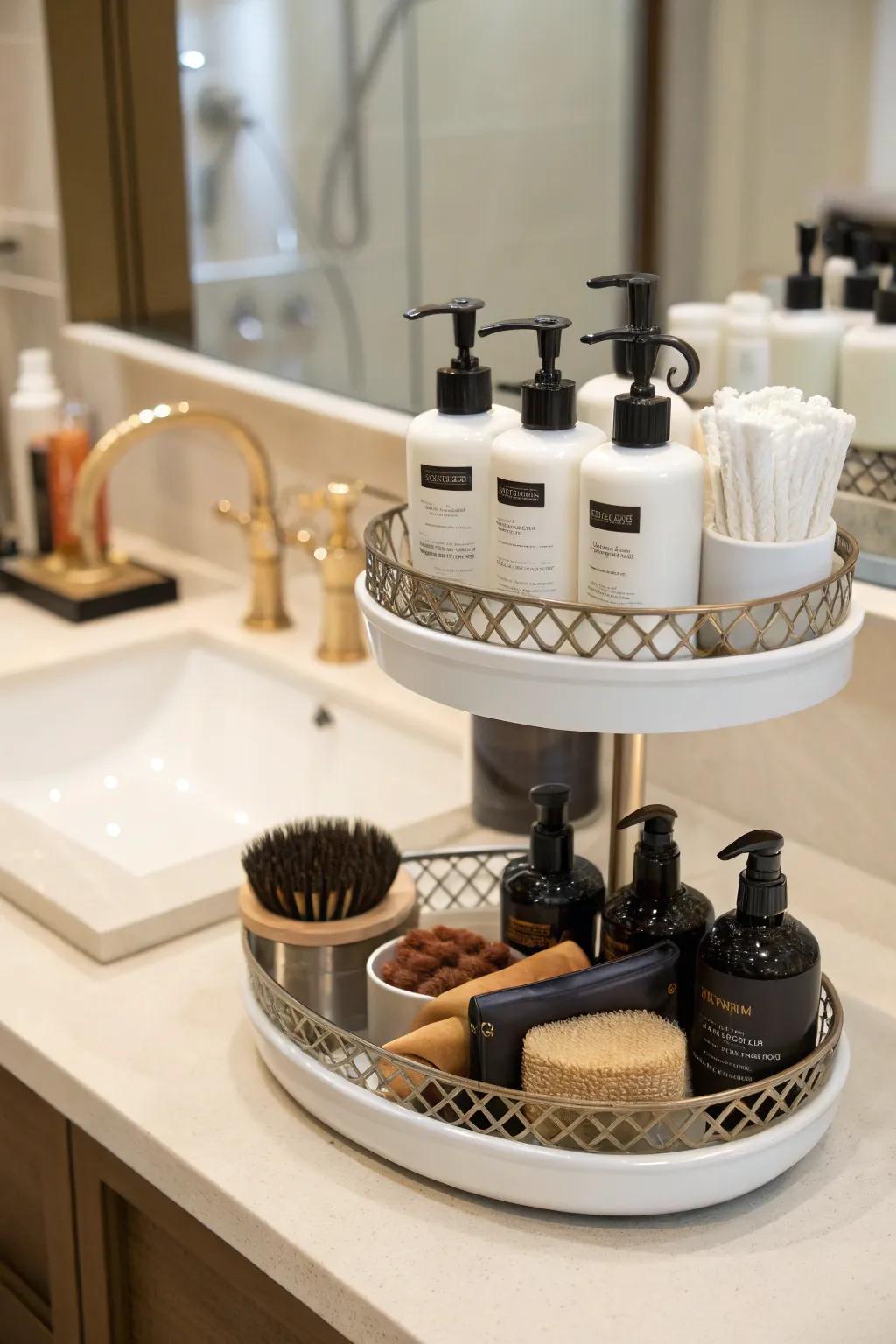Elegant tiered trays maintain styling products accessible and structured.