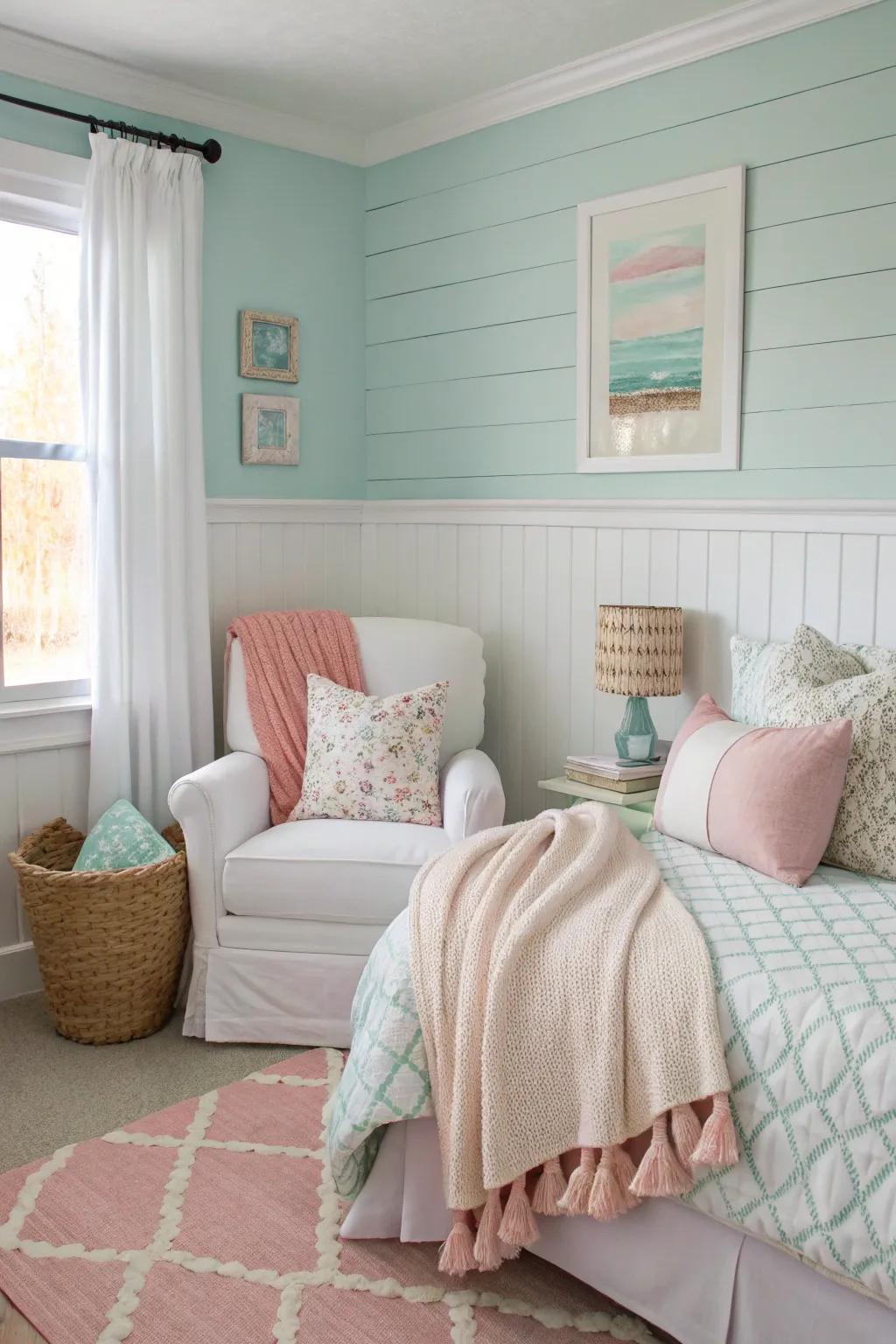 Subdued hued shiplap imparts a delicate, calming impression upon this boudoir.