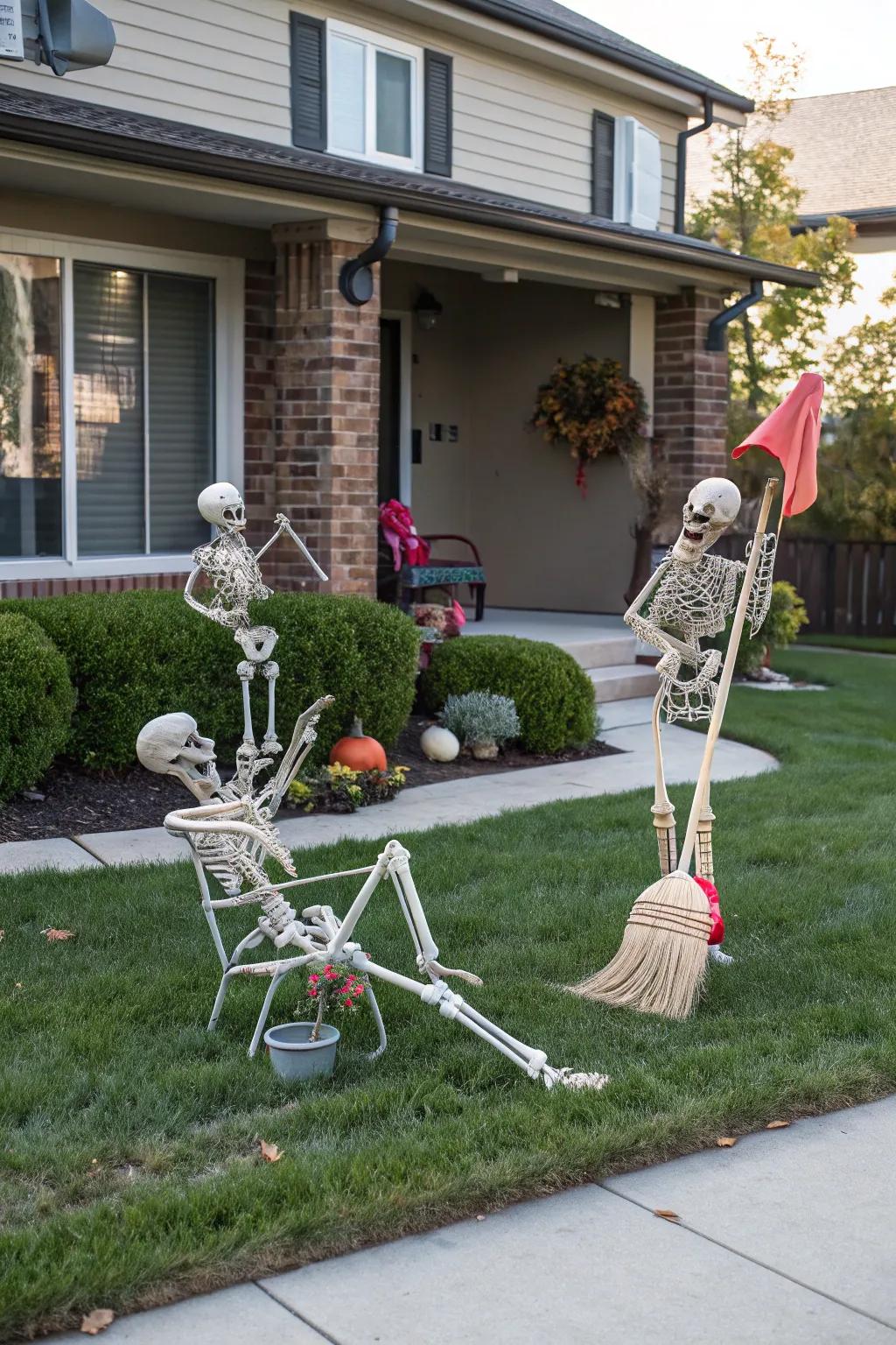 Skeletons inject an element of humor into your Halloween arrangement.