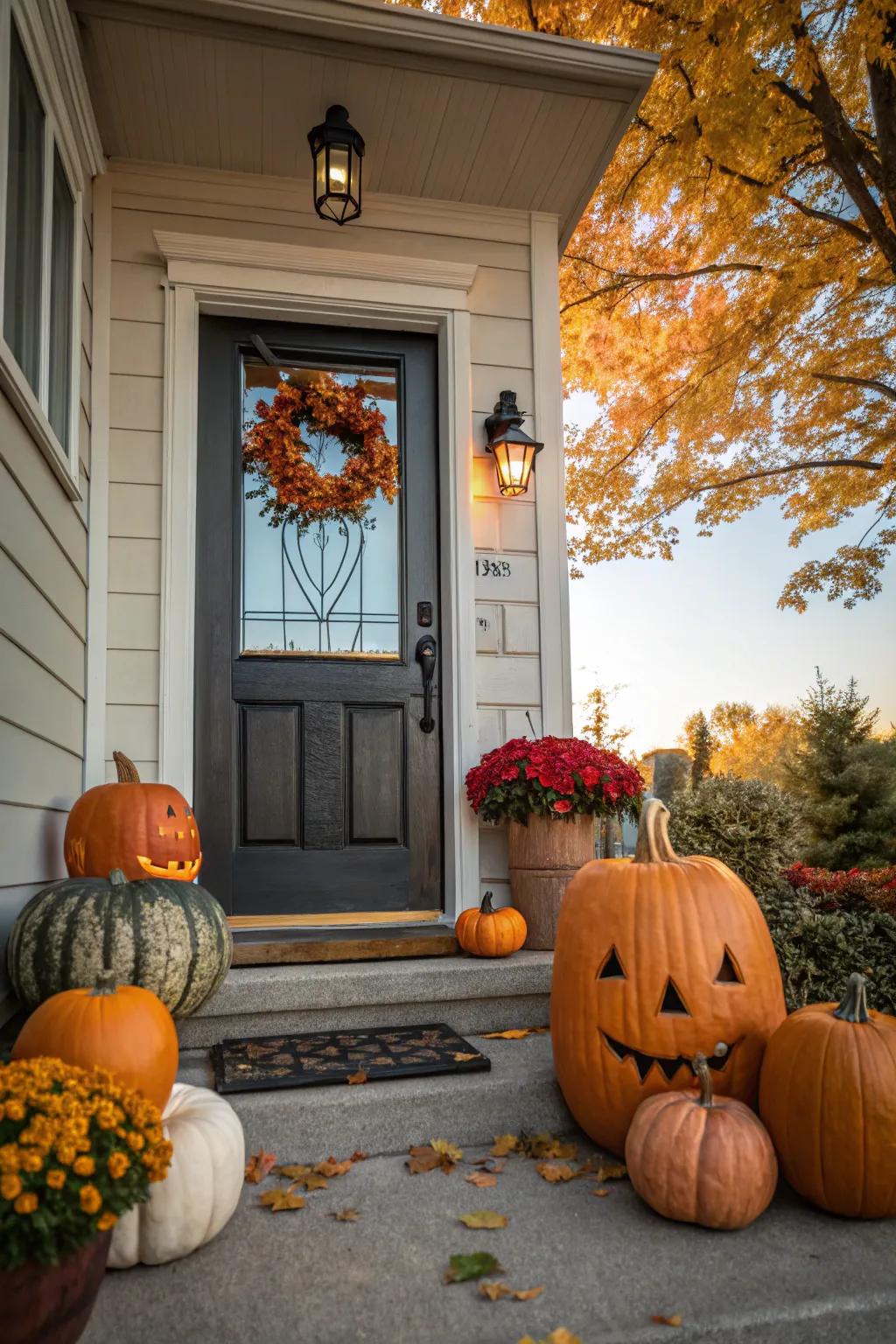 A pumpkin patch theme brings festive charm to your door.