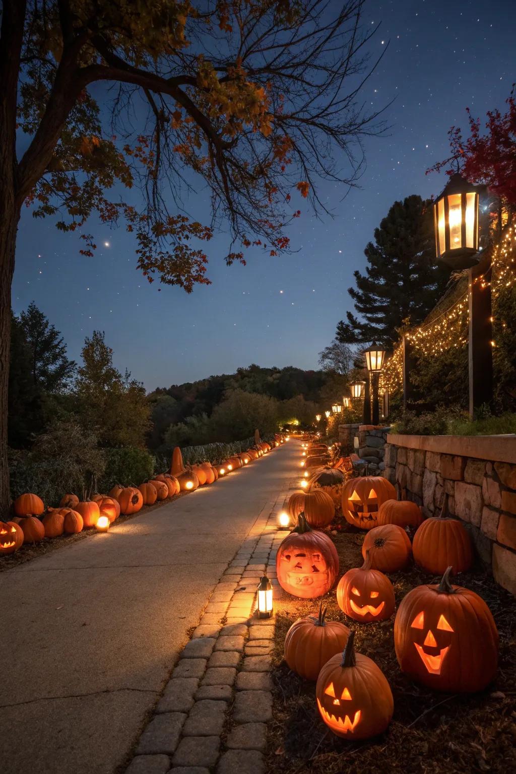 Brighten your path with an array of creatively carved pumpkins.