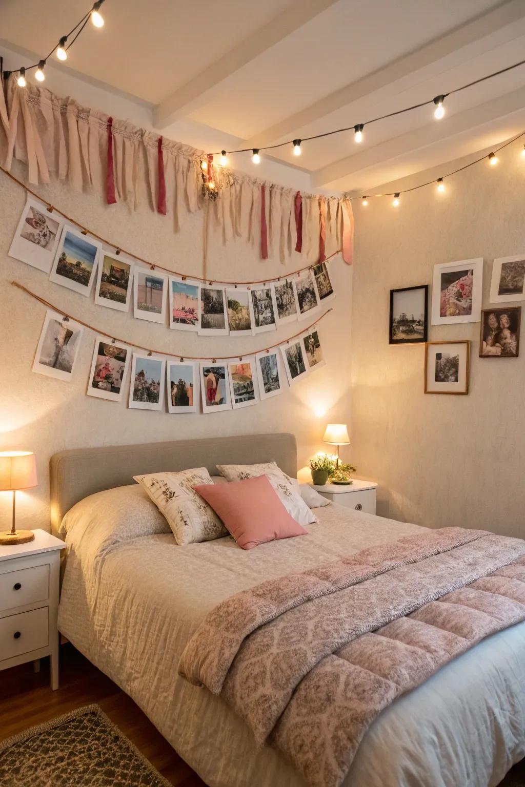 A serene bedroom in which bands coordinate with the textiles, crafting a harmonious decor.