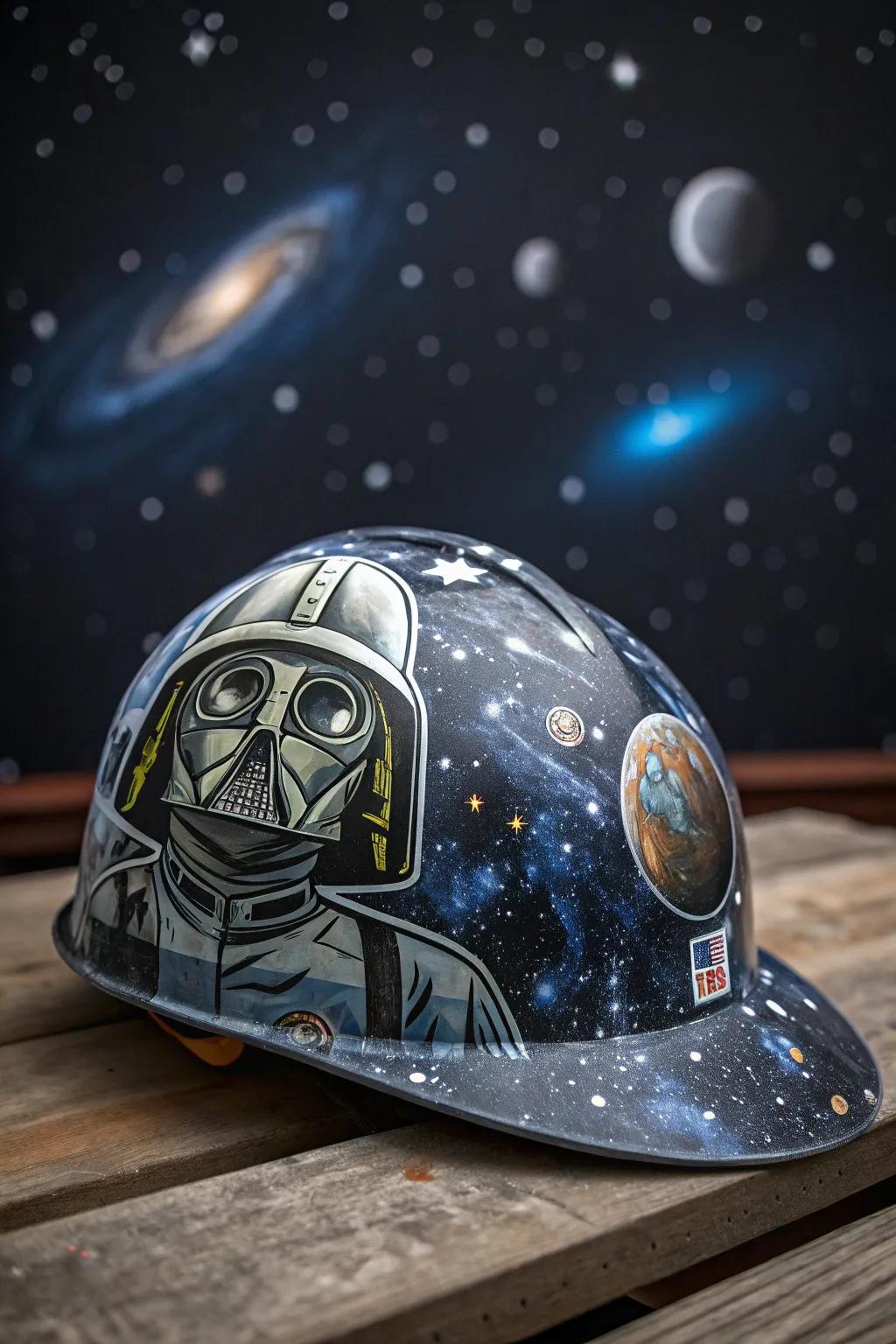 A hard hat paying homage to legendary sci-fi universes.
