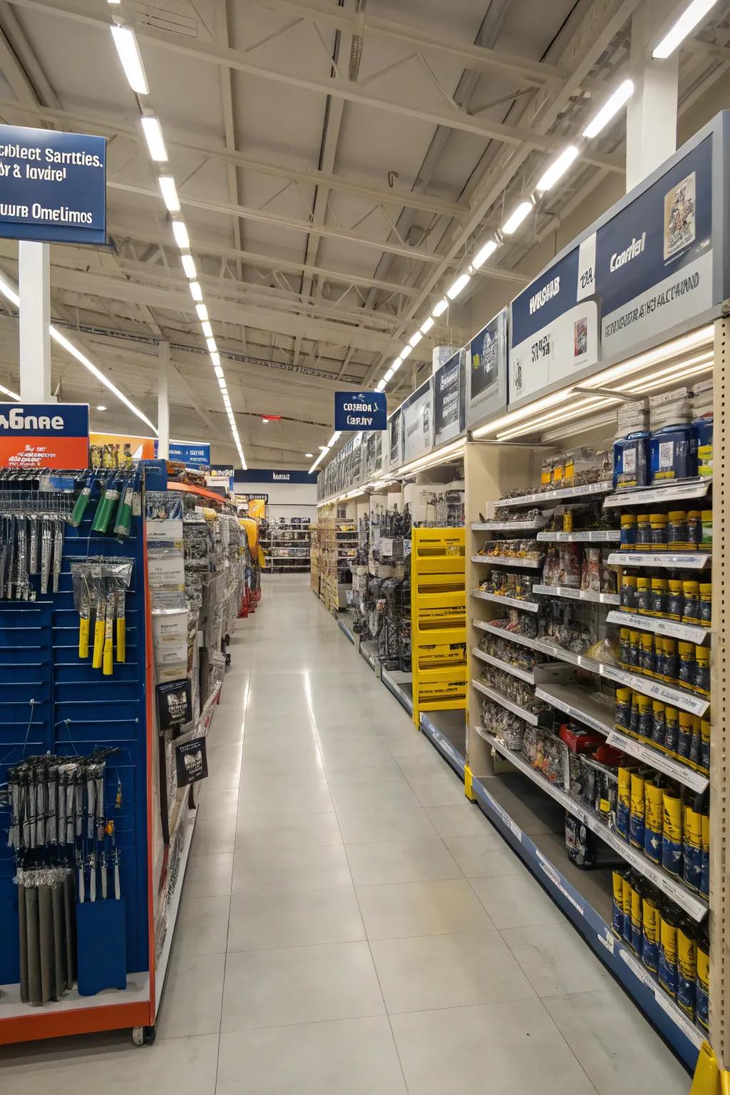 An orderly shop corridor exhibiting explicit signage and categorized merchandise.