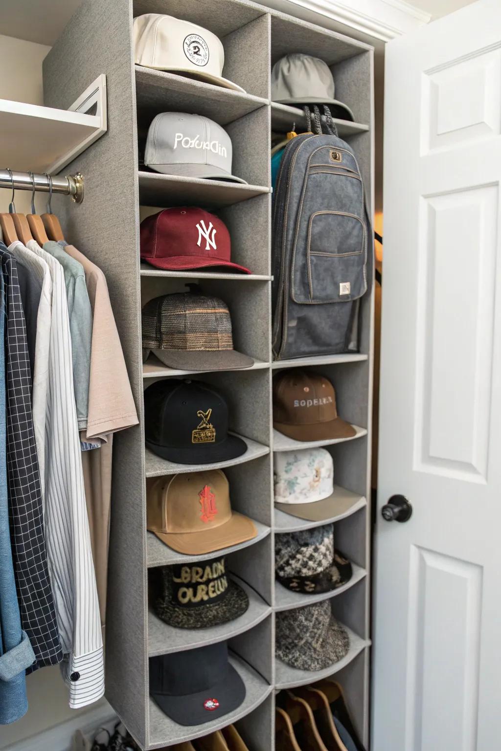 Wardrobe featuring systematized hat sections.